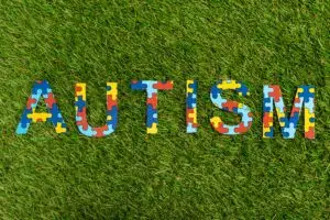 Top view of autism puzzle lettering on green background